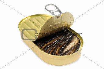 Opened metal can  with  fish