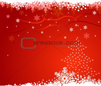 red christmas background with christmas tree and snowflakes / ve