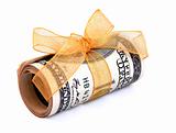 Money roll wrapped in a golden ribbon