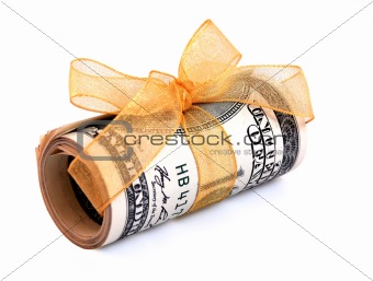Money roll wrapped in a golden ribbon