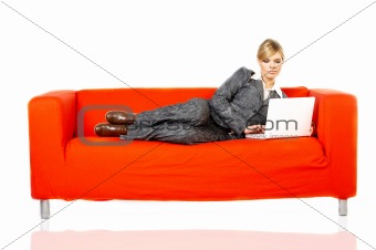 Woman on red couch