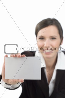 Business woman presenting white card