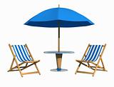 Blue deckchair and parasol
