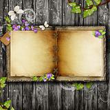 Open blank vintage book on wooden table