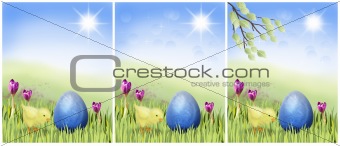 Easter chicken with blue egg on a sunny meadow