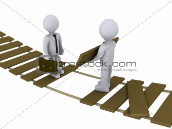 Businessman is helping another to cross a damaged bridge
