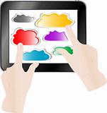 hand pressing a paper cloud on tablet pc computer. vector