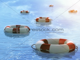 Lifebuoys, floating on waves
