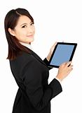 smiling  businesswoman holding tablet  computer and isolated on white