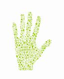 go green eco pattern hand palm on white backdrop - bulb, leaf, globe, drop, apple, house, trash. Ecology concept.