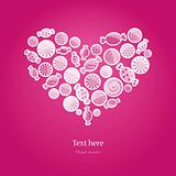 magenta pattern with sweet candy. Vector illustration in heart shape on dark background.