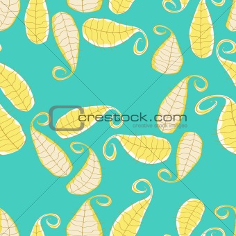 Seamless Pattern with White and Yellow Leaves on Turquoise Background