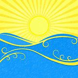 Background with Sea Waves and Yellow Sun. Vector Vintage Illustration of Sea Landscape