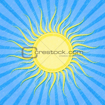 Yellow Sun on Grunge Blue Striped Card. Vector Illustration