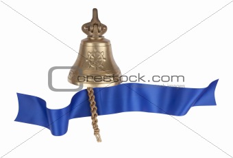 Brass ship's bell with a blue banner 