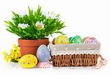 easter eggs in basket with spring flowers
