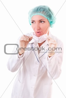 Surprised woman in medical uniform
