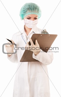 Serious nurse with medical report