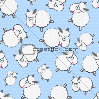 Cute White Sheeps Seamless Pattern on Light Blue Background