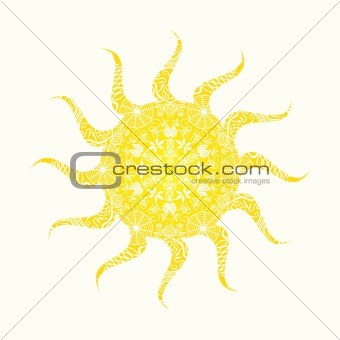 Yellow Sun with Ornamental Silhouette Isolated on Light Background. Vector Illustration
