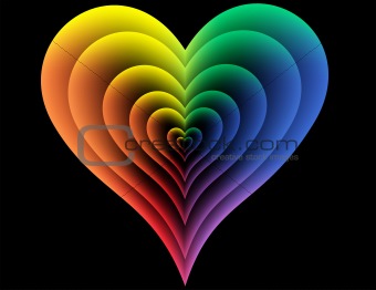 Seven Iridescent hearts on a black background