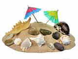 Sand with an umbrella and seashells 