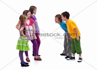 Group of boys and girls mocking each other