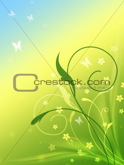 spring flowers with butterflys in blue, yellow and green
