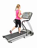 young woman doing exercises on treadmill, on white background