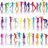 Set of colored children silhouettes playing
