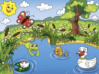 Cartoon kid's illustration of the pond life with a frog, fish, duck, butterfly and lotus