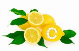 Lemons with vitamin c pills over white background