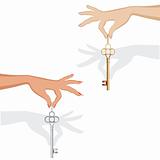 Set of silhouette female hand hold metal key