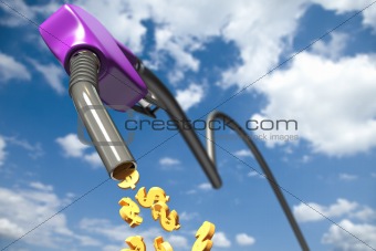 Dollar signs dripping out of a purple fuel nozzle