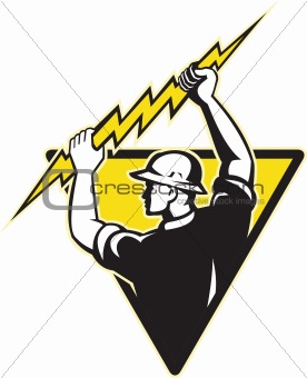 electrician power lineman holding lighting bolt