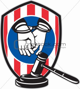 Gavel handcuff hand American stripes shield