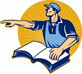 worker tradesman man read book pointing