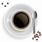 Cup of black coffee with coffee grain and spoon.