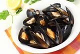 fresh mussels in a white bowl
