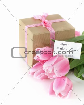 Bunch of tulips with present cart and gift box 