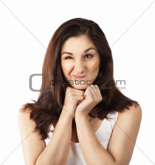 Funny young woman making face