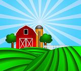 Red Barn with Grain Silo on Green Pasture Illustration
