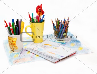 Abstract painting  and pen holders  with colored pens