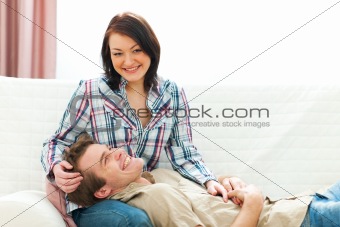 Smiling young couple sharing moment together