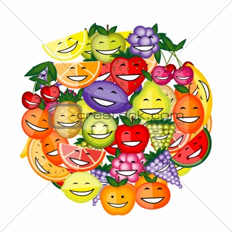 Funny fruit characters smiling together for your design