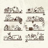 Objects for school on shelves, sketch drawing for your design 