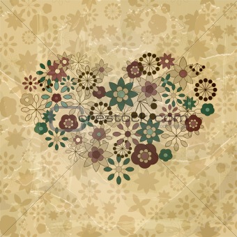 vector spring  flowers organized in heart shapes, old paper text