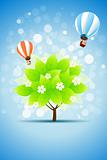 Blue Background with Green Tree and Hot Air Balloons