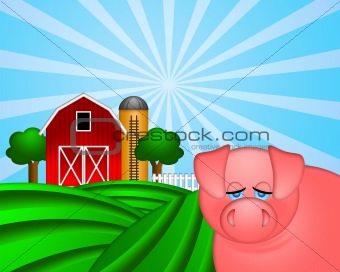 Pig on Green Pasture with Red Barn with Grain Silo 