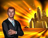 Business man with city background